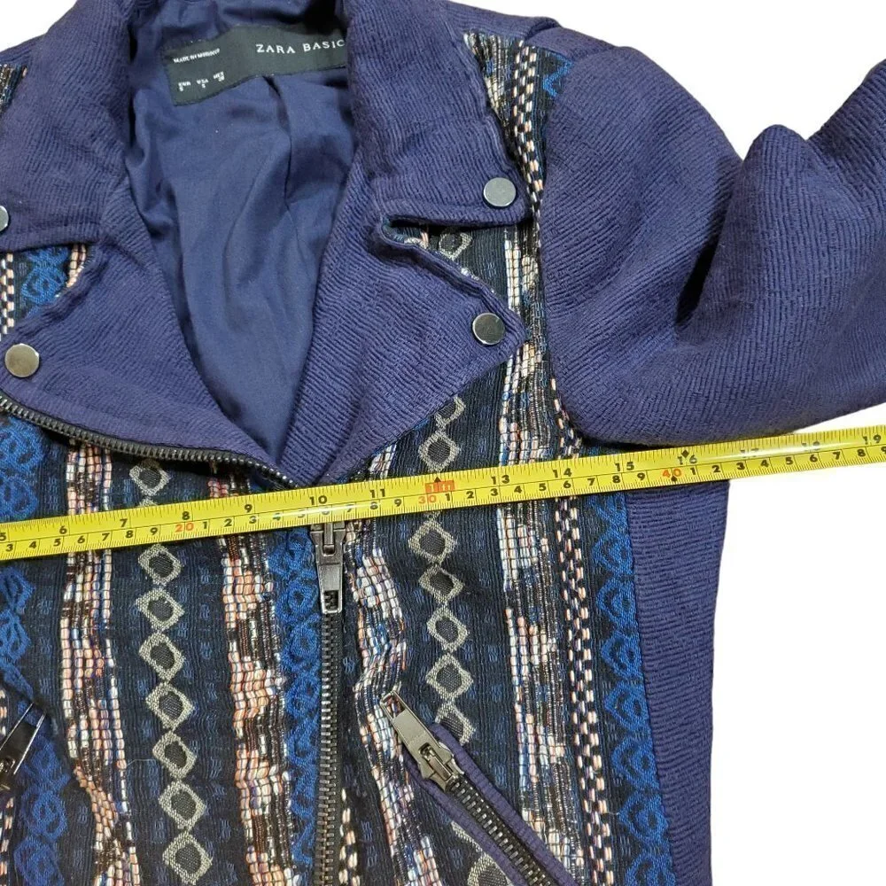 Zara Basic Womens‎ Blue Aztec Tribal Moto Asymmetrical Full Zip Jacket Size S
